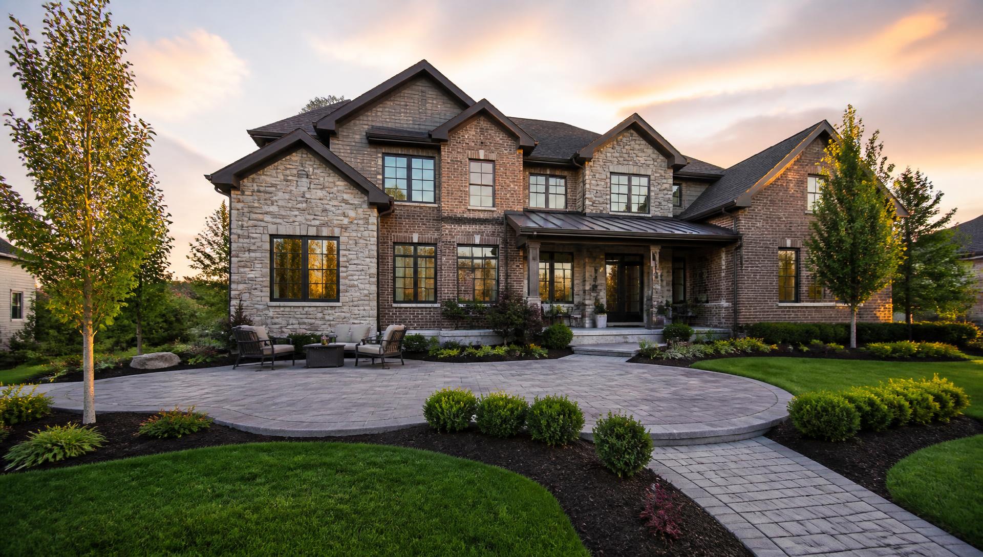 Cincinnati-area home with professional landscaping and a large paver patio at sunset