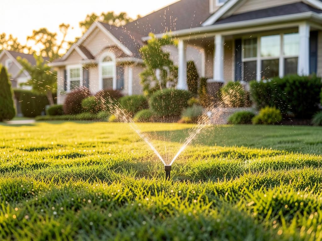 Lawn sprinkler watering a green front lawn in front of a suburban home