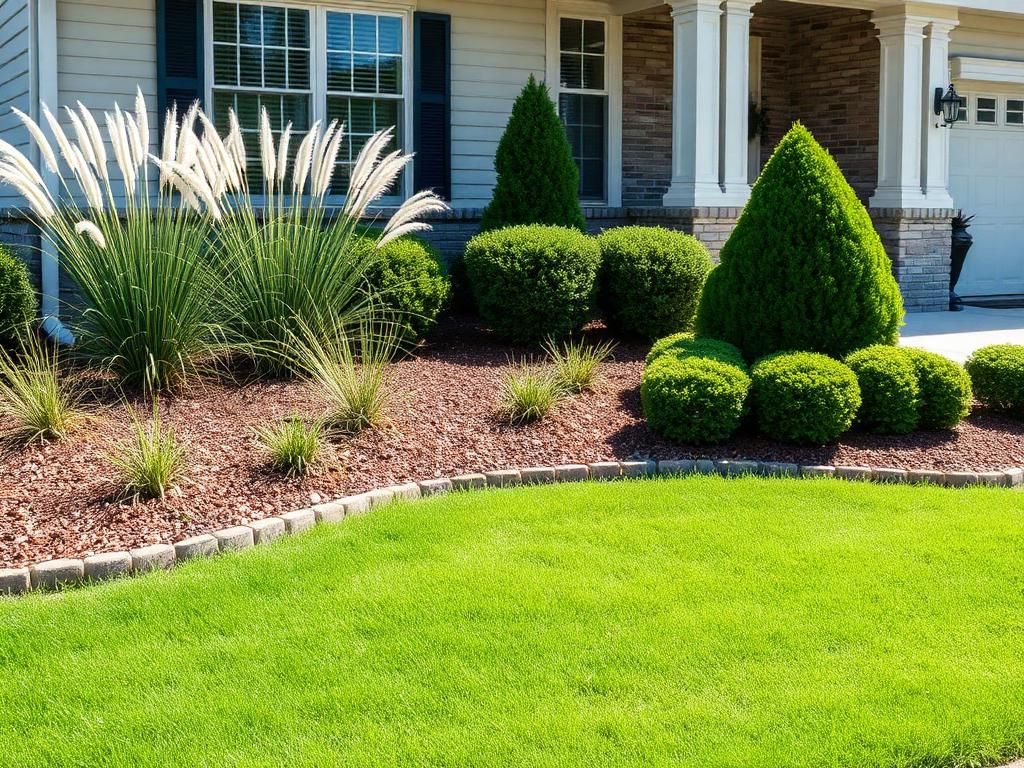 Front yard landscaping with mulch beds, trimmed shrubs and ornamental grasses
