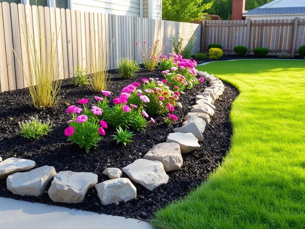 Backyard garden bed with stone border, fresh mulch and flowering perennials