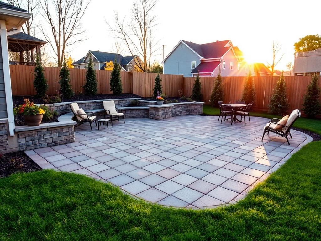 Backyard paver patio with seating wall and outdoor furniture