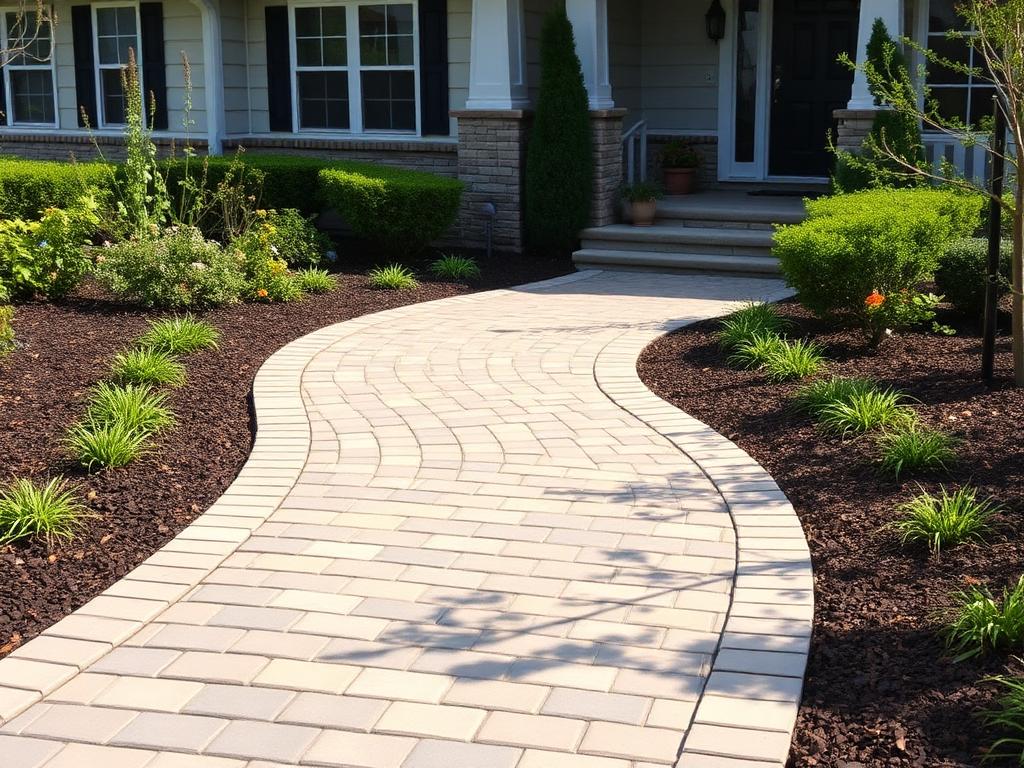 Curved paver walkway leading to a home entrance bordered by landscaping