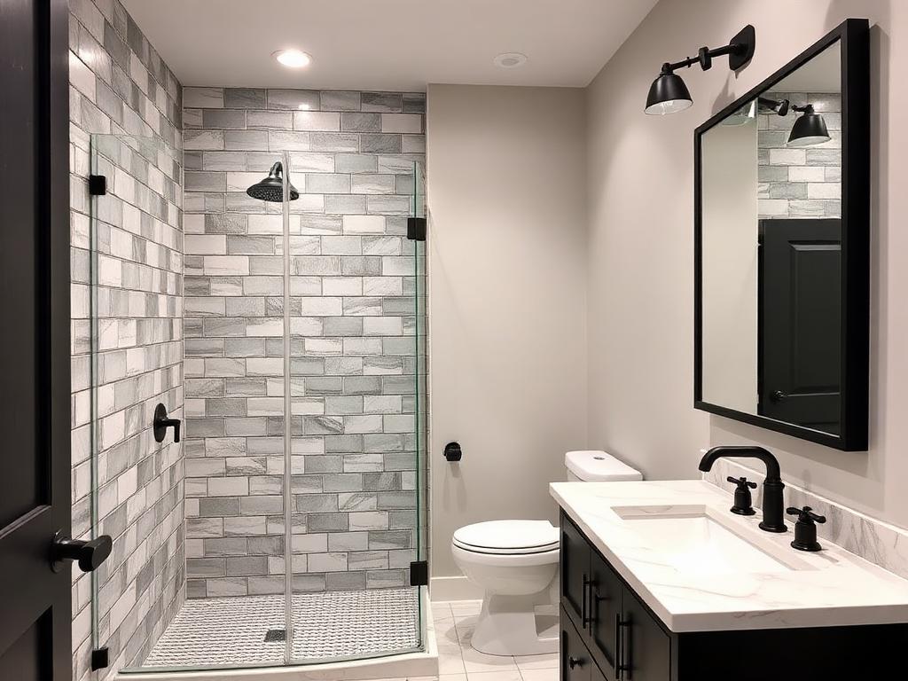 Remodeled bathroom with tiled walk-in shower and modern vanity