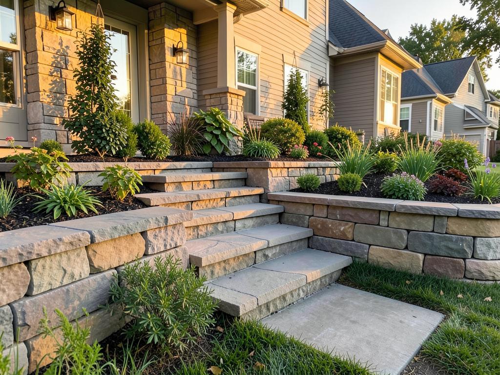 Stone terraced retaining walls with steps and planted beds beside a home